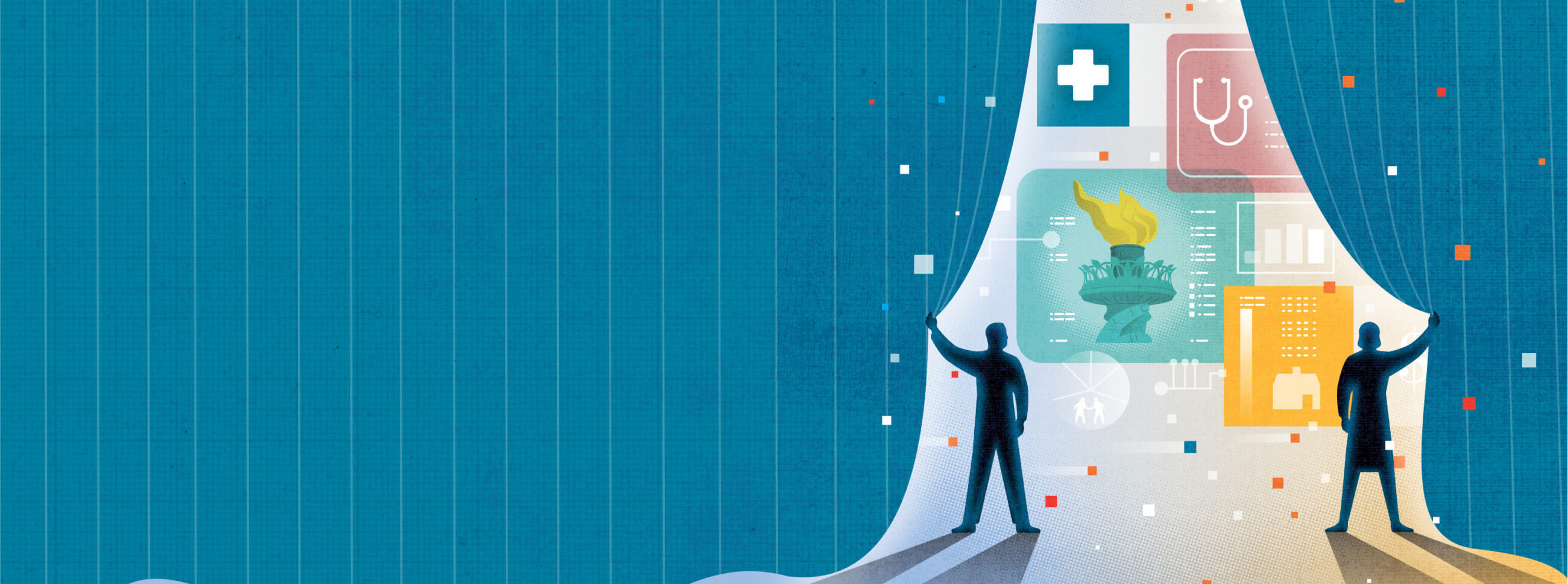 illustration of couple opening curtain.