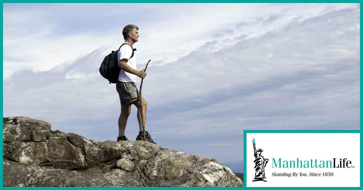 hiker holding a stick on top of a mountain